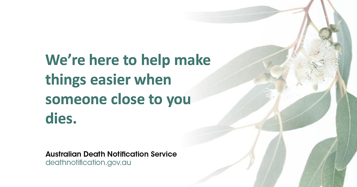 Picture of gum leaves with a link out to the Australian Death Notification Service website.