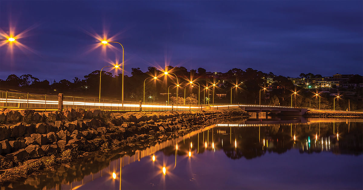 merimbula lake bridge at night