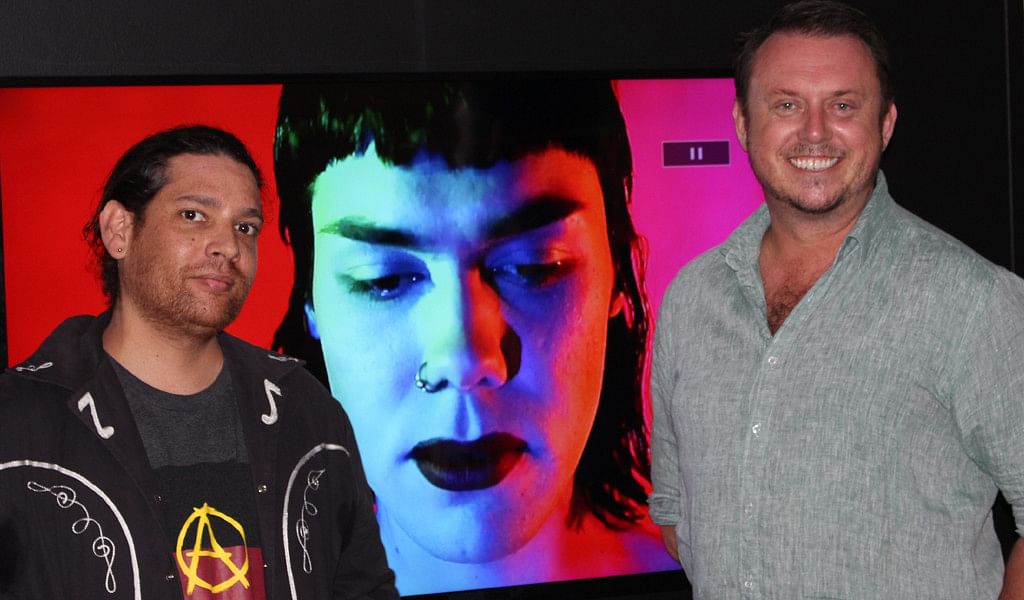 Judge Tony Albert, with Gallery Director Iain Dawson and winner of The Shirl, Misklectic’s video portrait of performance artist Mossy.