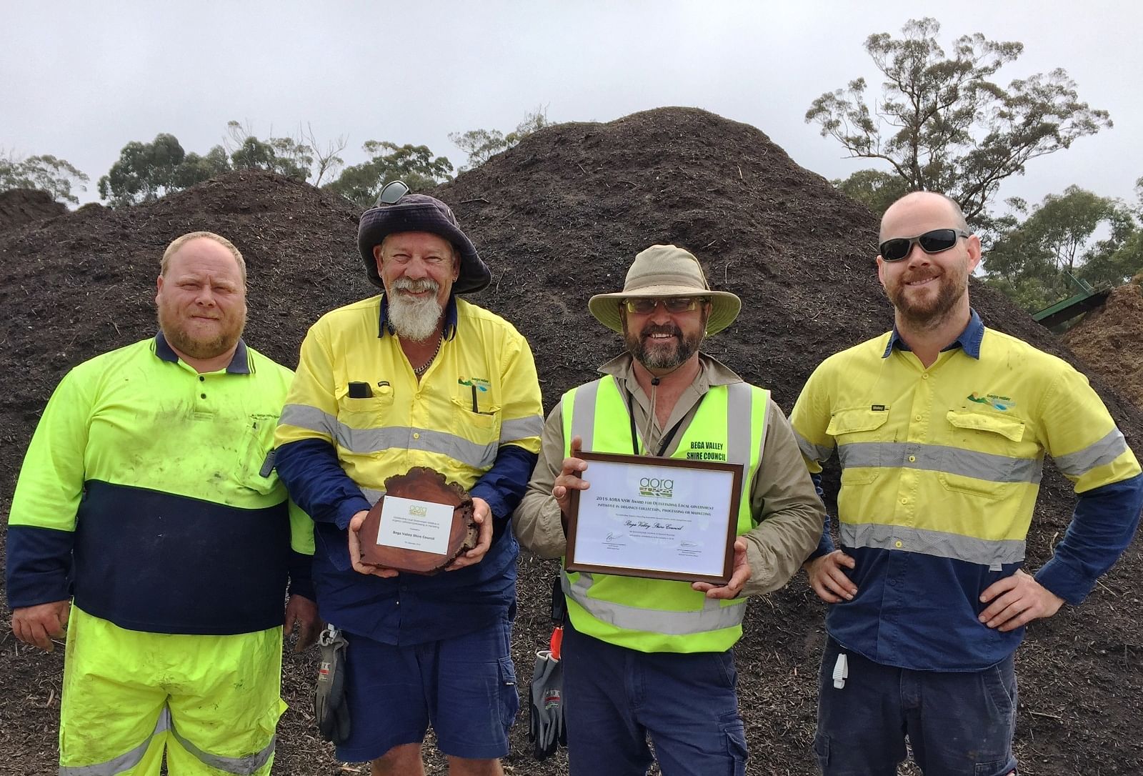 Bega Valley Shire Council compost crew Michael Randall, Glenn Alexander, Mick Yarra and Luke Hamilton are celebrating their recognition at the recent Australian Organics Recycling Association (AORA) Awards.