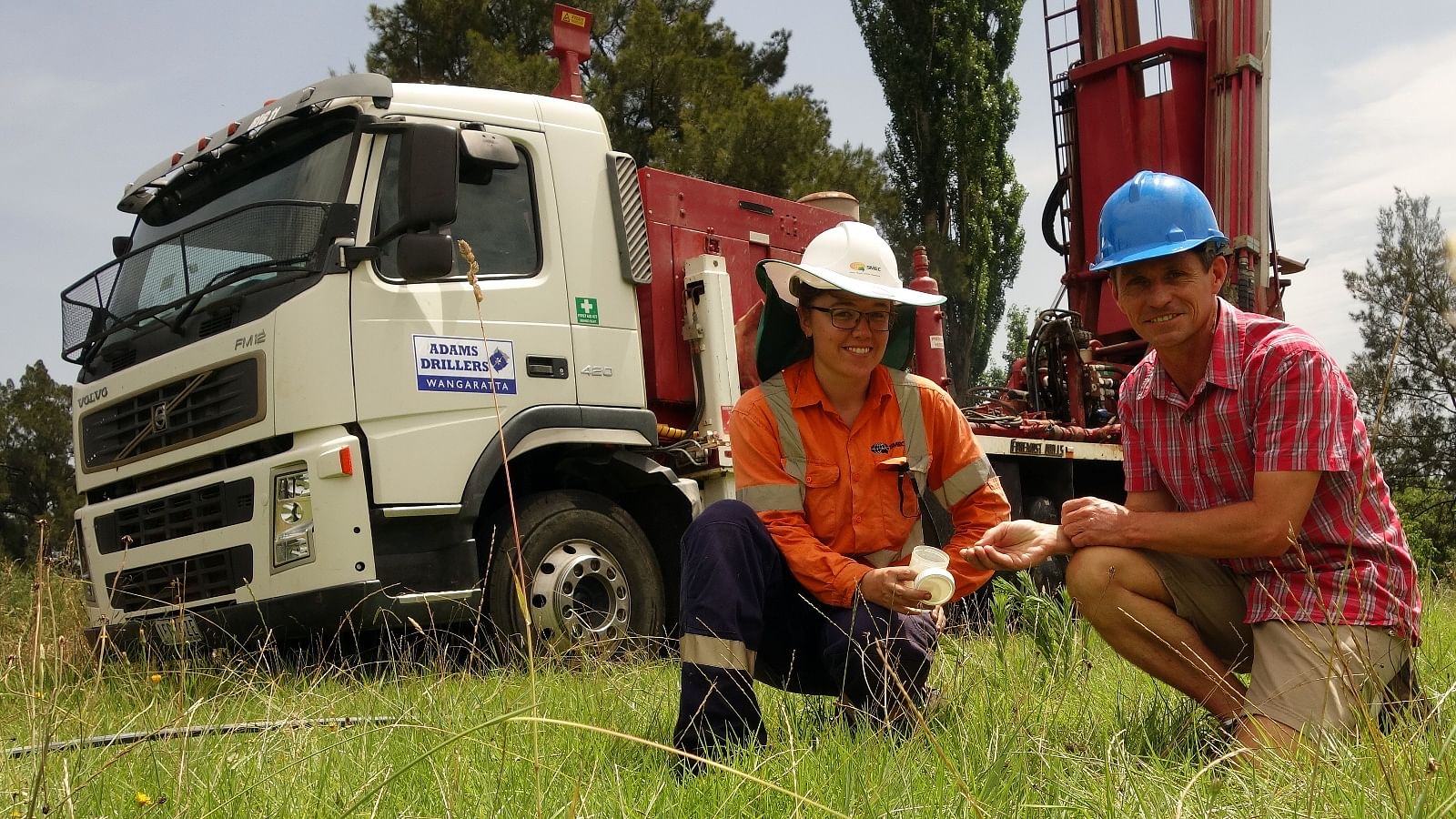 Geologist Ingrid Farr and Bega Valley Shire Council Water Resources Coordinator Ken McLeod sampling sediment from a drilled bore at the Bega borefield.