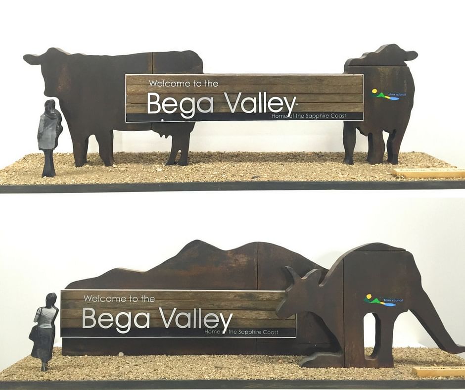 Concept scale designs of the gateway signs for Bega Valley Shire.
