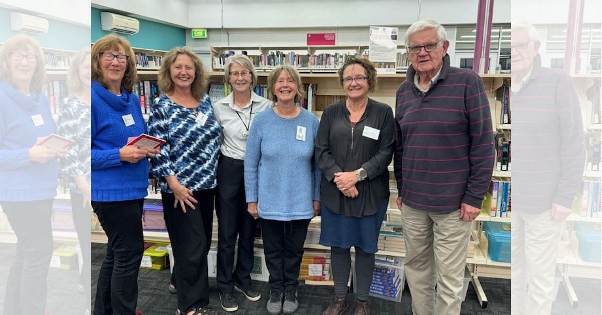 L to R: Helen (volunteer), Carrol (TAFE NSW), Linda (Librarian), Jan (volunteer), Sue (volunteer) and Nic (volunteer).