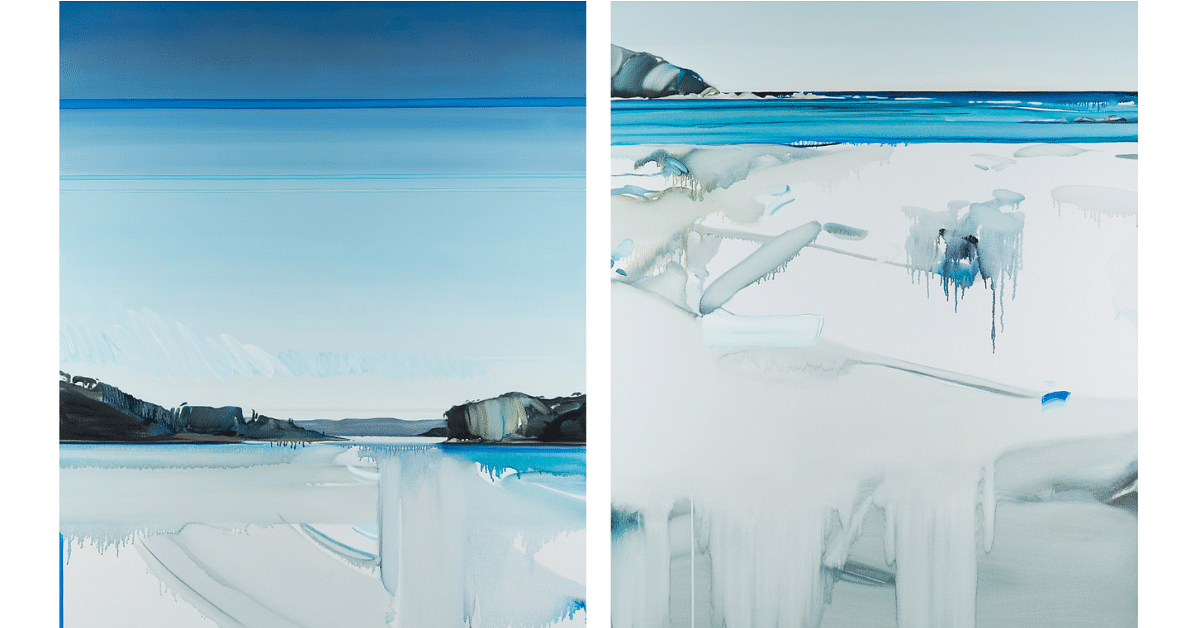 (Left) Julian Meagher, 'Inlet #13'. 152 x 122. Oil on linen, 2017. (Right) 'Inlet #9'. 152 x 122cm. Oil on linen, 2017. SECCA Collection. Donated through the Australian Government's Cultural Gifts Program.