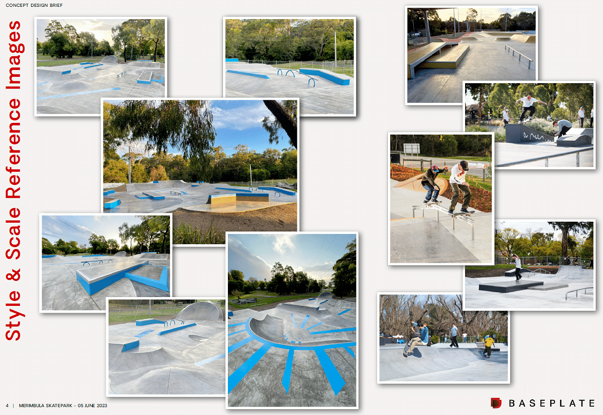 A collection of images showing the proposed style and design of the proposed skatepark.