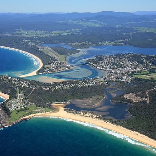 Aerial shot of Merimbula and airport.