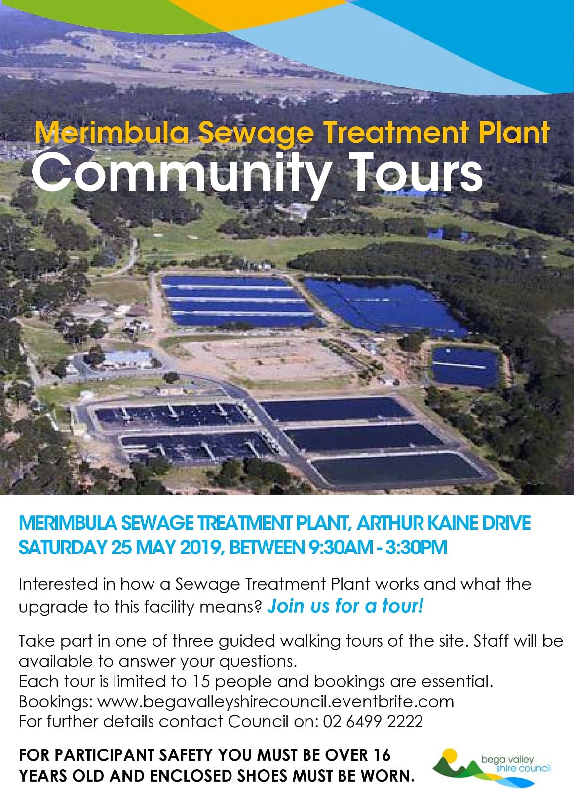 Flyer for Merimbula Sewage Treatment Plant open day public tours.