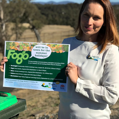 Bega Valley Council's new FOGO project officer, Kimberley Rushbrook, will provide information and answer questions about helping tourists use FOGO at drop-in sessions for holiday accommodation managers in August and September.