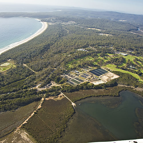 Merimbula Sewage Treatment Plant and Merimbula Bay from the air.