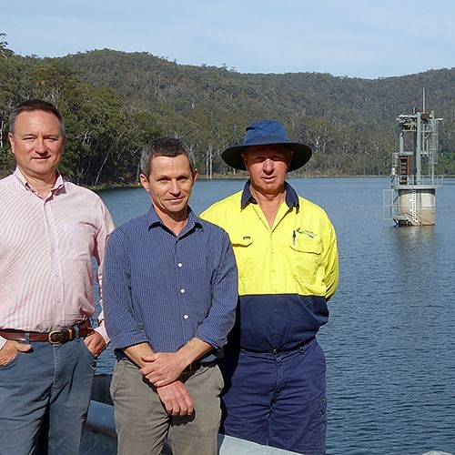 Bega Valley Shire Council Water and Sewerage Services Manager Jim Collins, Water Resources Coordinator Ken McLeod and Merimbula Team Leader Peter Climpson at Yellow Pinch Dam this week.