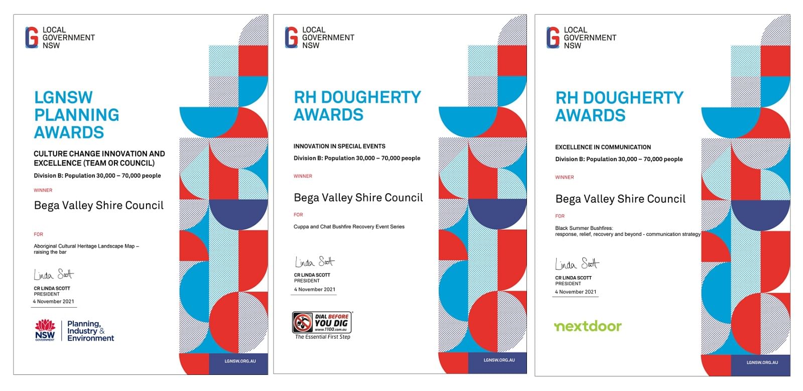 A graphic on a white background with text describing three awards won by Bega Valley Shire Council at the 2021 Local Government Week Awards.