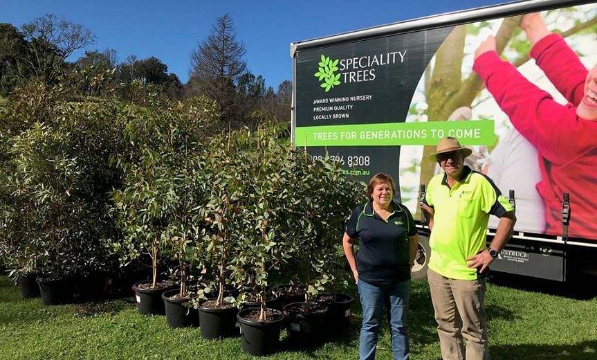 Hamish and Gaby Mitchell delivering a truckload of trees to bushfire affected Cobargo Wildlife Sanctuary, April 2020.