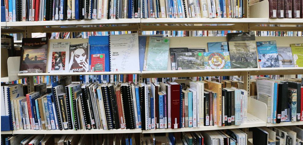 Rows of library books.