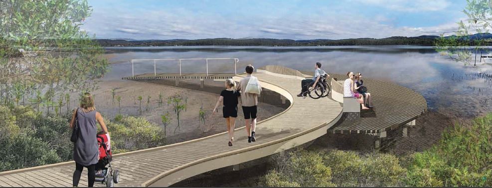 The concept design for a future renewal of the Merimbula boardwalk includes new viewing platforms and seating areas.