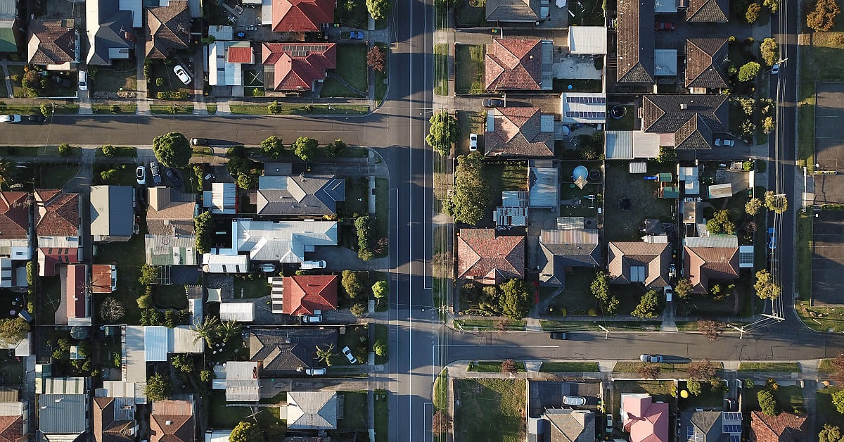 Aerial shot of houses and streets.