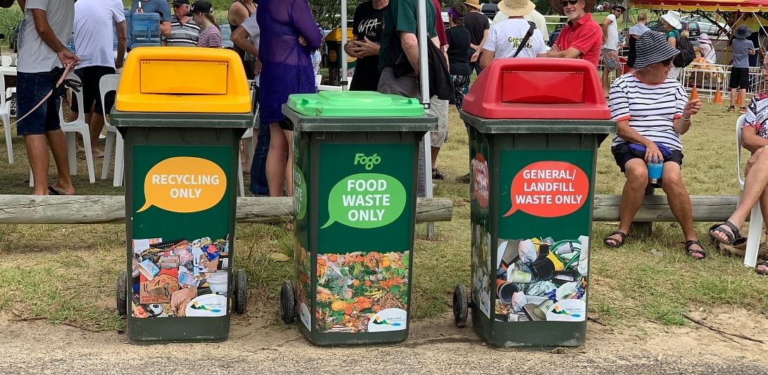 Bin signage at a Waste Wise event in the Bega Valley Shire