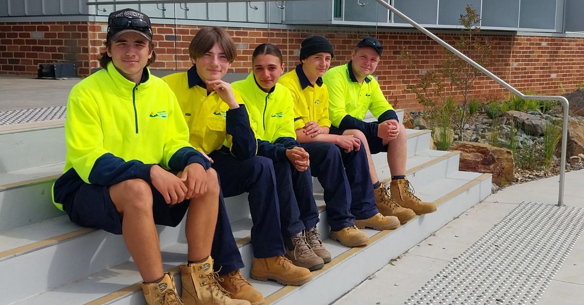 Photograph of Council's Regional NSW-funded civil construction trainees from left to right Alex Blacka, Zac Ferrara, Latesha Mullet-Hoskins, Mark Winters and Axel Bayliss.