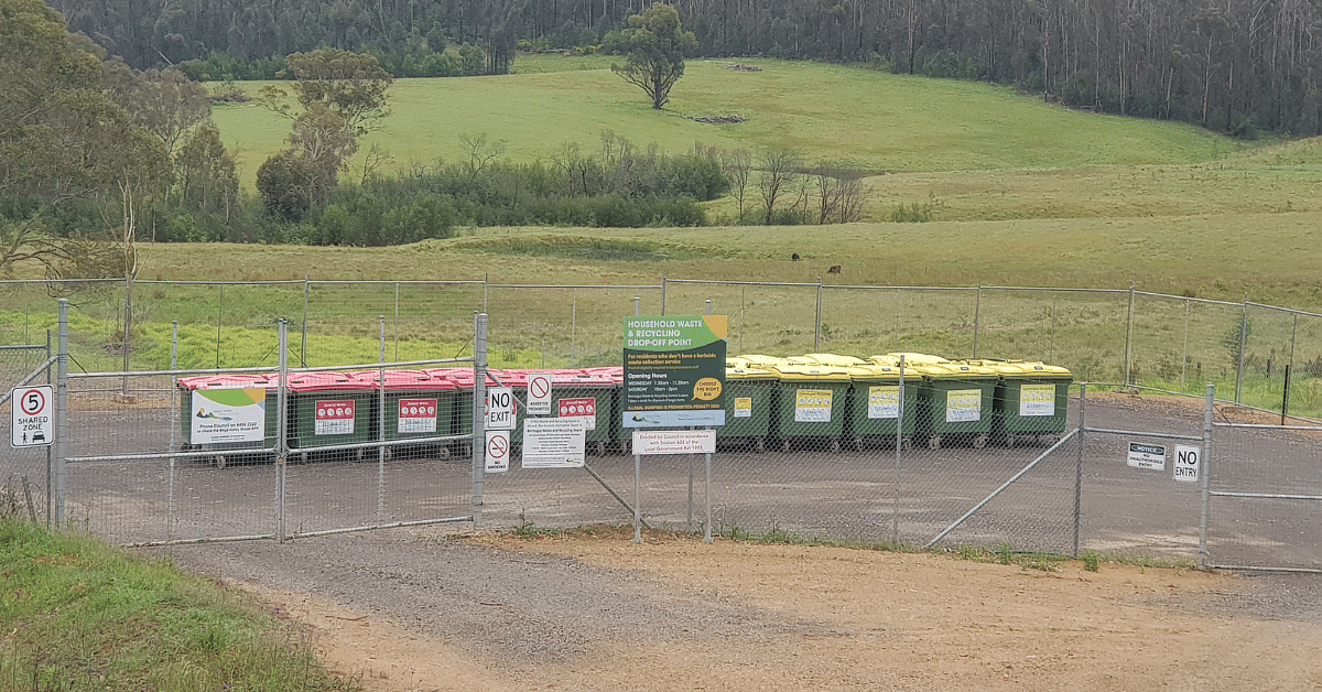 The current temporary waste and recycling drop-off point in Cobargo.