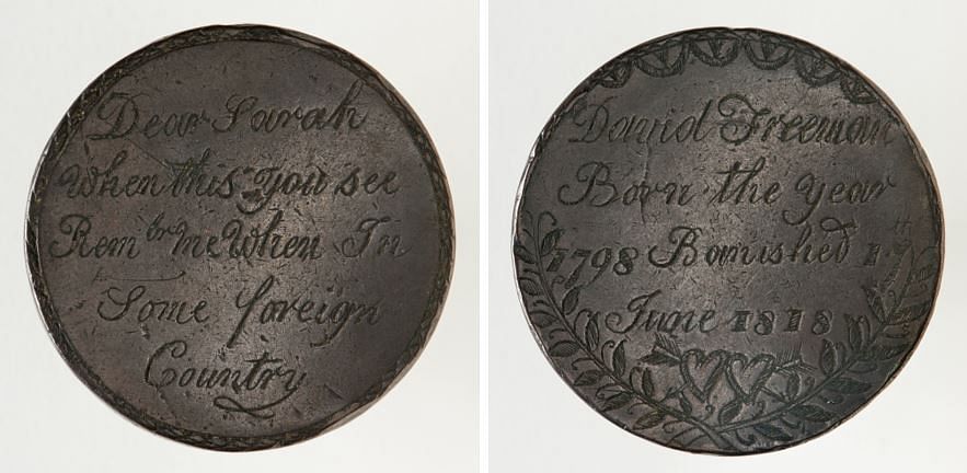Convict love tokens from David Freeman, 1818. Photo: National Museum of Australia/Jason McCarthy.