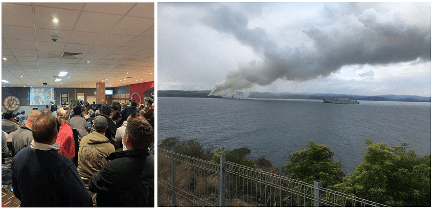 Eden Fishermens Club as an evacuation centre during the bushfire crisis and the view of the summer bushfires heading towards Eden.