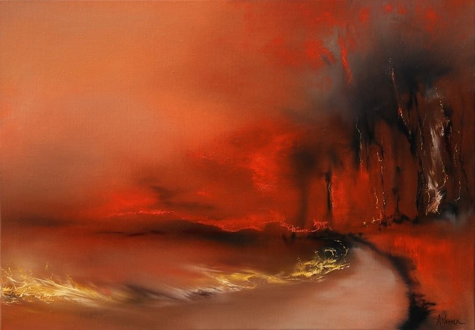 Painting by Eden artist, Anna Warren titled Fire along the track.