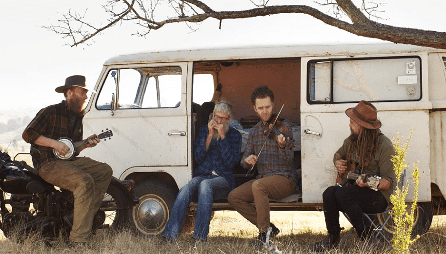 Photograph of members of Helland High Water, a Bega-based folk band.