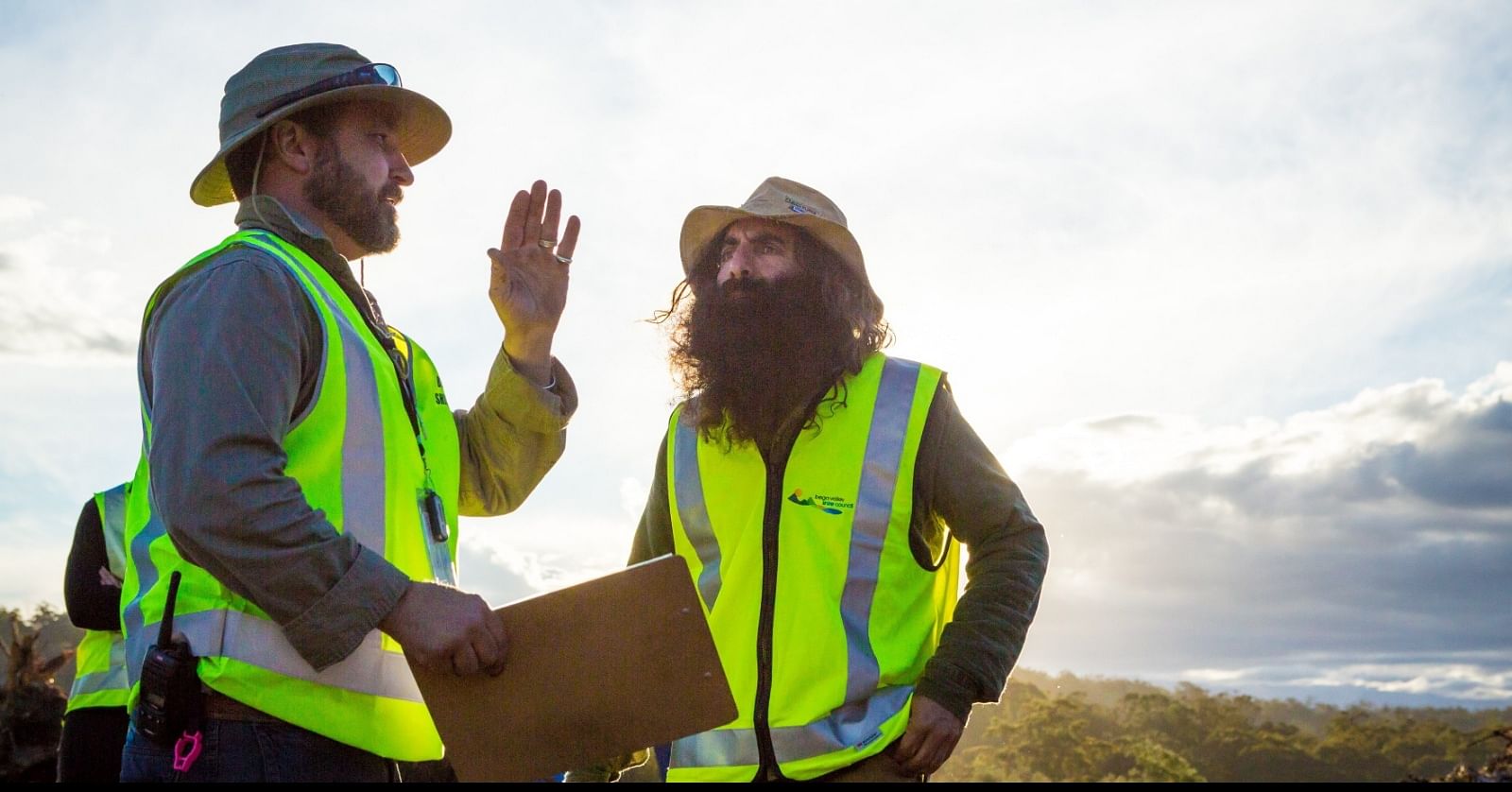 Costa Georgiadis talks FOGO Compost with Council's Mick Yarra during a tour of Merimbula Organics Processing Facility when Bega Valley Shire Council introduced FOGO in 2018. 