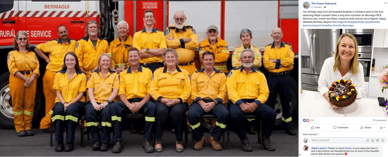 Group photo of the Bermagui Rural Fire Service crew and a photo of Steph Lazzaro with her pay it forward birthday cake.