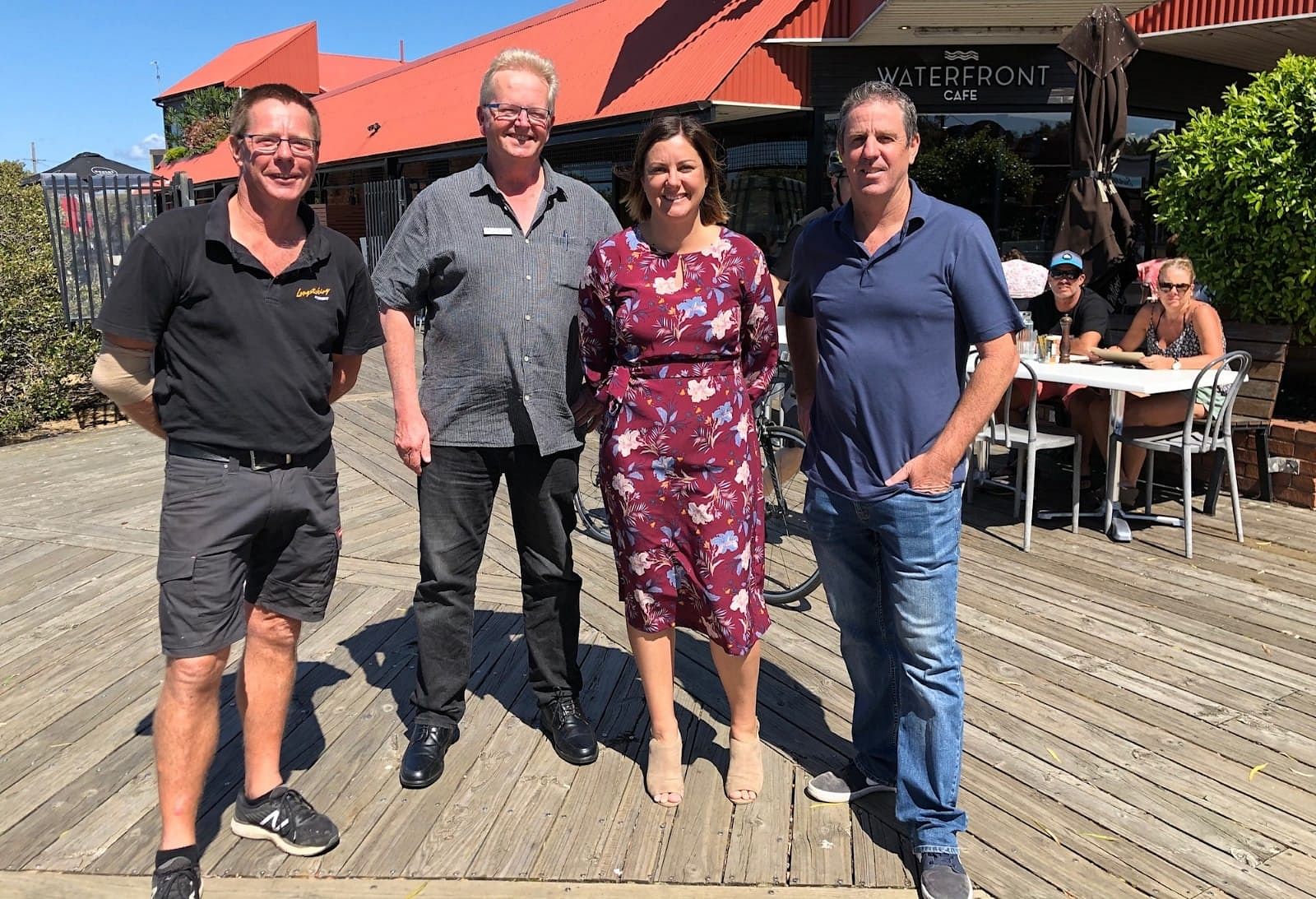 At the launch of the federal and New South Wales government's bushfire business package, from left to right, Peter Caldwell from Longstocking Brewery, Chris Nicholls from Merimbula Visitor Information Centre, Bega Valley Mayor Kristy McBain and President of the Merimbula Chamber of Commerce Nigel Ayling.