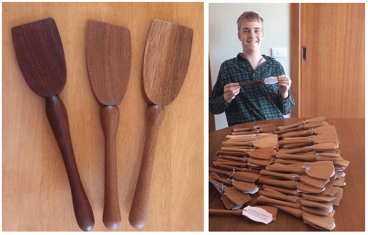 Jamie Parker-Barnes with 100 of his handcrafted wooden spatulas.