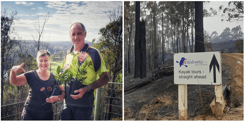 Jenny and Arthur Robb before the bushfires and next to that photo is the Kiah Wilderness Tours sign against a burnt backdrop.