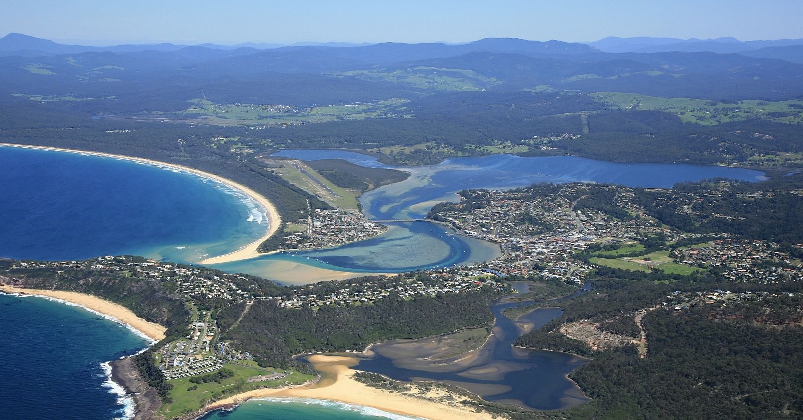 Merimbula airial view with airport in the background.