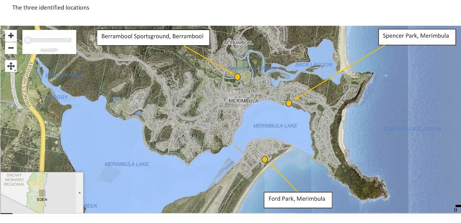 Map of three suggested locations for Merimbula skatepark.