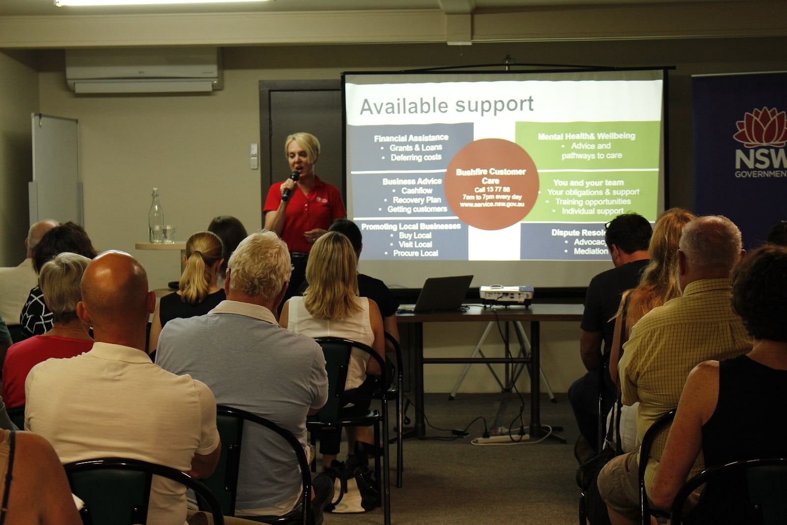 Kylie Bryden-Smith from the office of the NSW Small Business Commissioner speaks to business owners at the Bega Small Business Bushfire Assistance meeting last week.