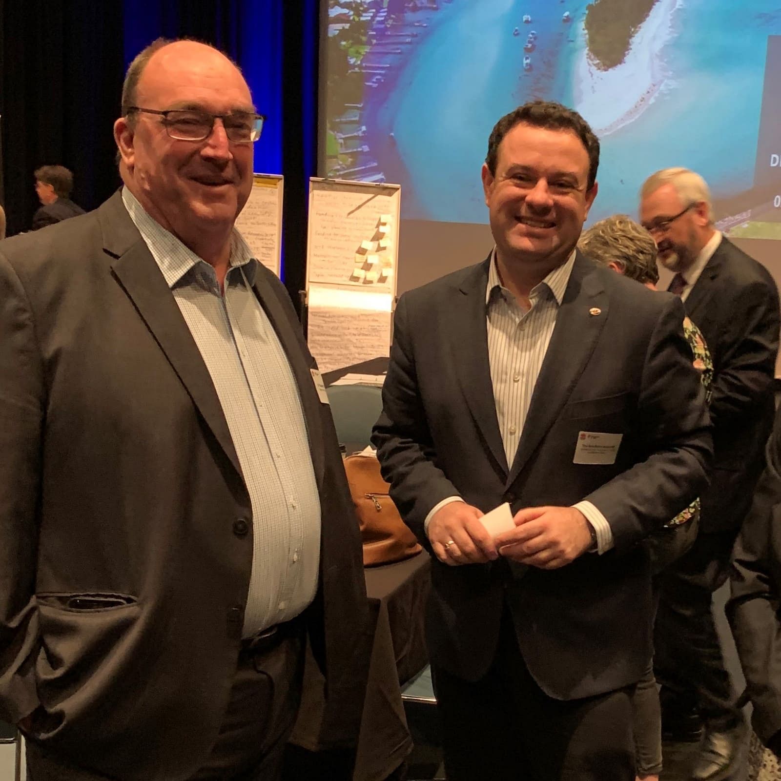 Bega Valley Shire Council Mayor Cr Russell Fitzpatrick discussing the local tourism industry with the NSW Tourism Minister, the Hon Stuart Ayres.