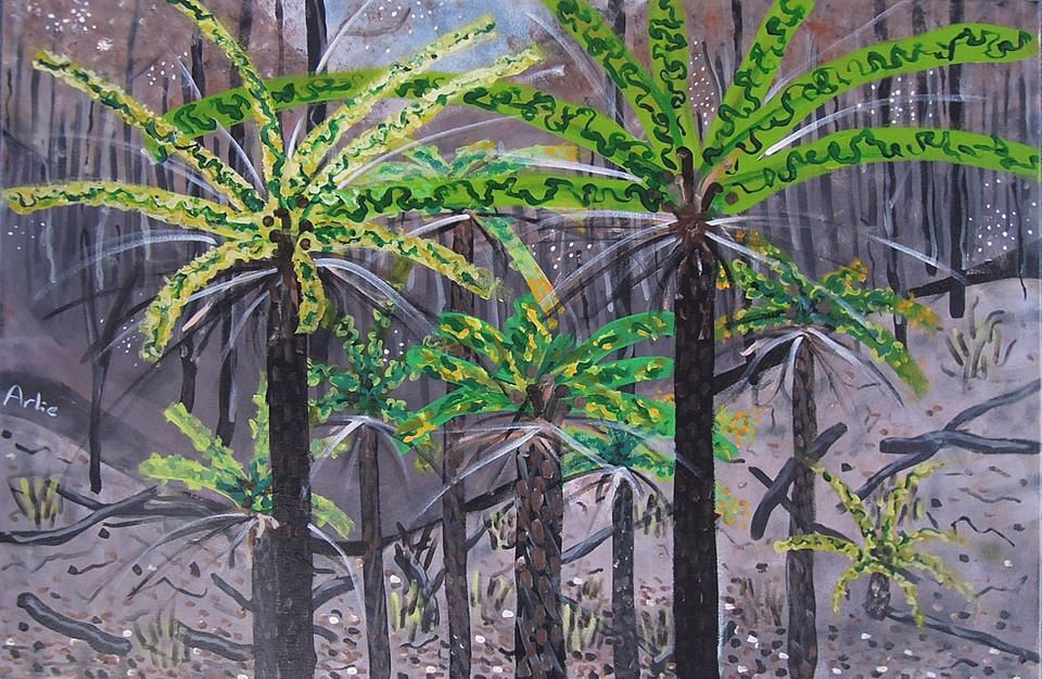 Artwork of tree ferns of the Towamba Valley reshoot after fire, by Arlie at Towamba Public School.