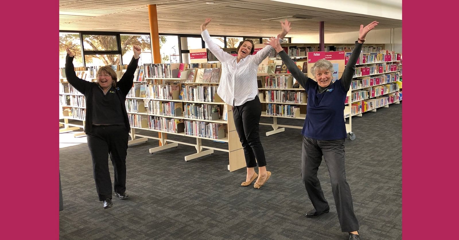 Photo: Vicki Buckley, Jayde Timms and Anne Moore from Bega Valley Library Service are jumping for joy as COVID-19 restrictions ease and libraries reopen from 15 June.