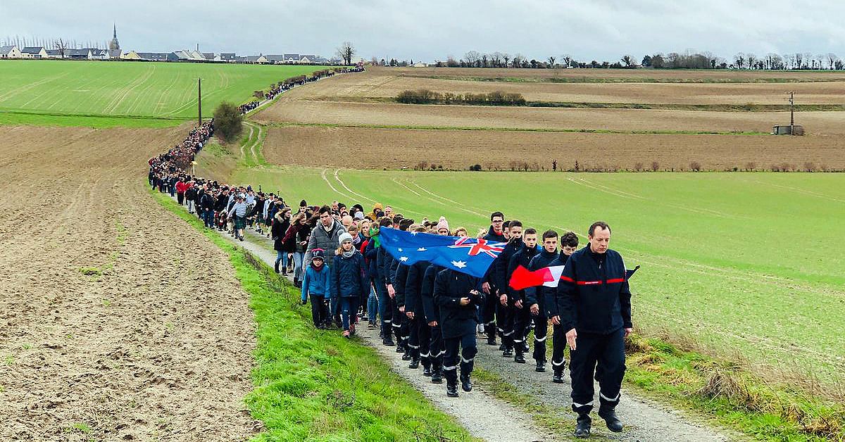 Photograph: Over 1000 people participated in a solidarity march in Villers-Bretonneux as part of a fundraising campaign for our bushfire recovery. (Photo credit: Sir John Monash Centre and ADF).