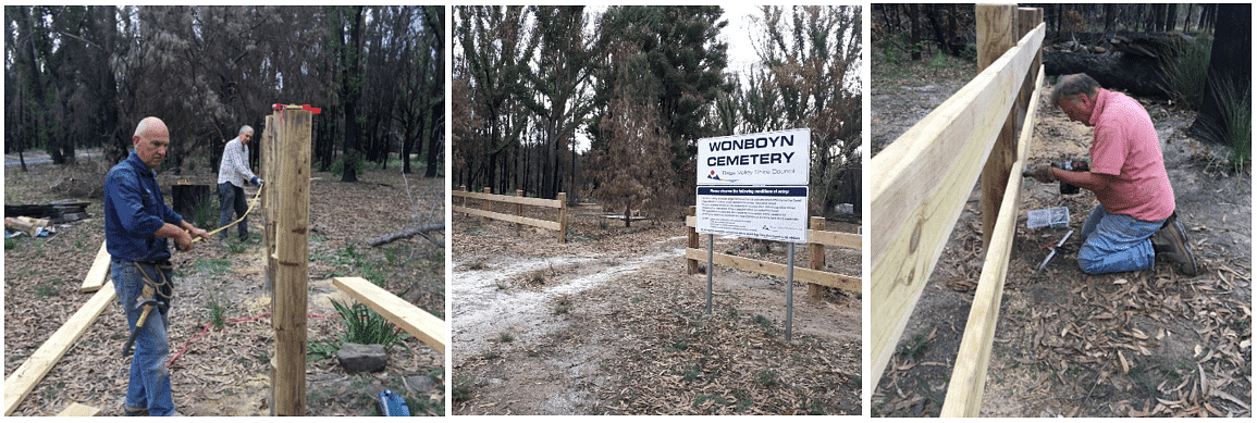 Volunteers measuring and building the fence at Wonboyn cemetery.