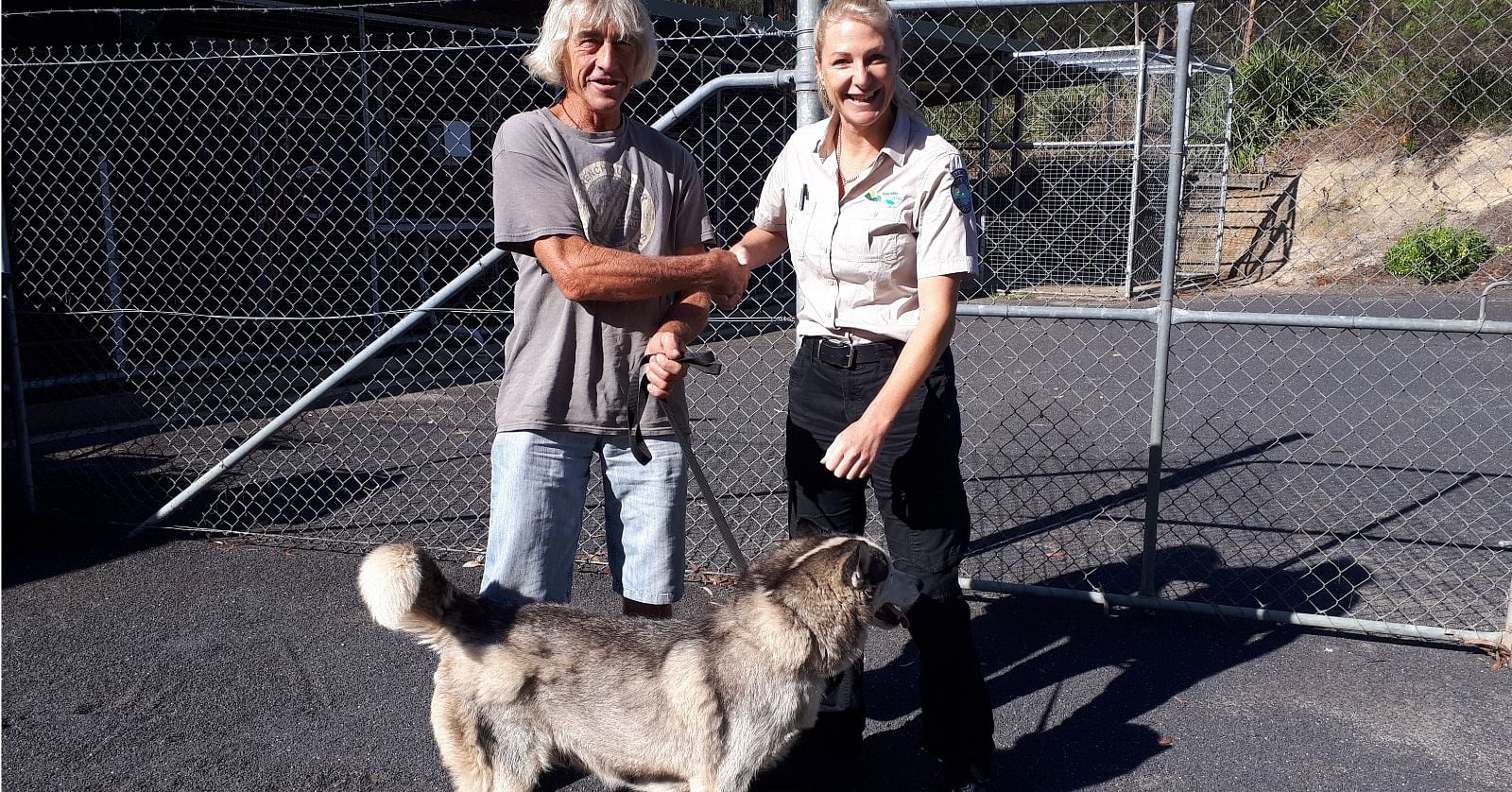 Nowra's Graham Lee and Council Ranger, Trudi Badullovich after Graham and Indie were reunited after more than two years.