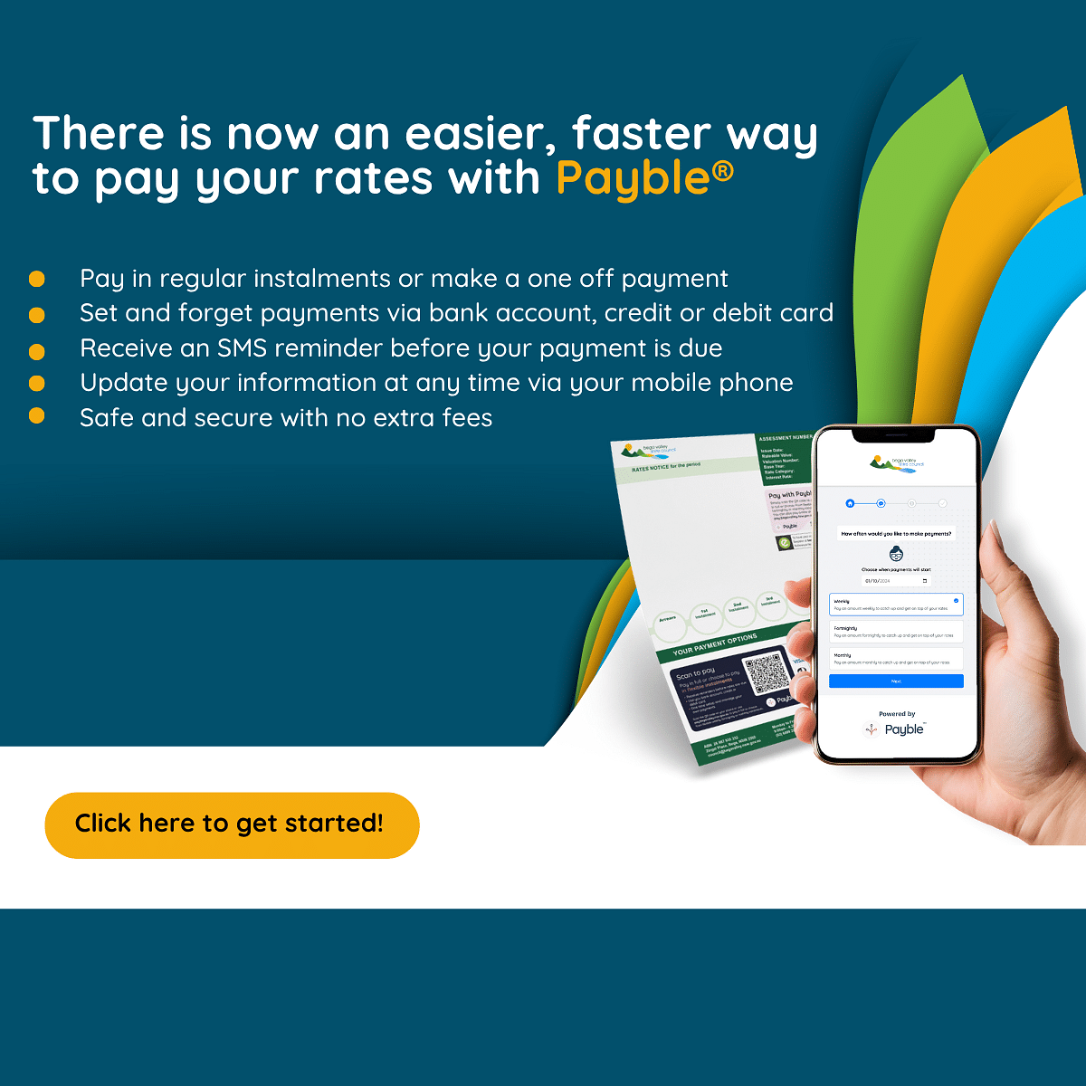 Hand holding mobile phone with printed rate notice in the background. Image links to Payble page.