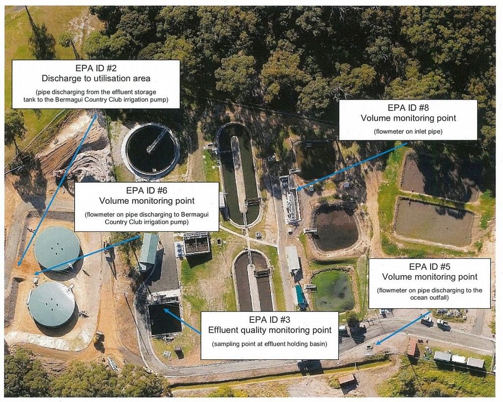 Bermagui sewage treatment plant monitoring and discharge locations.