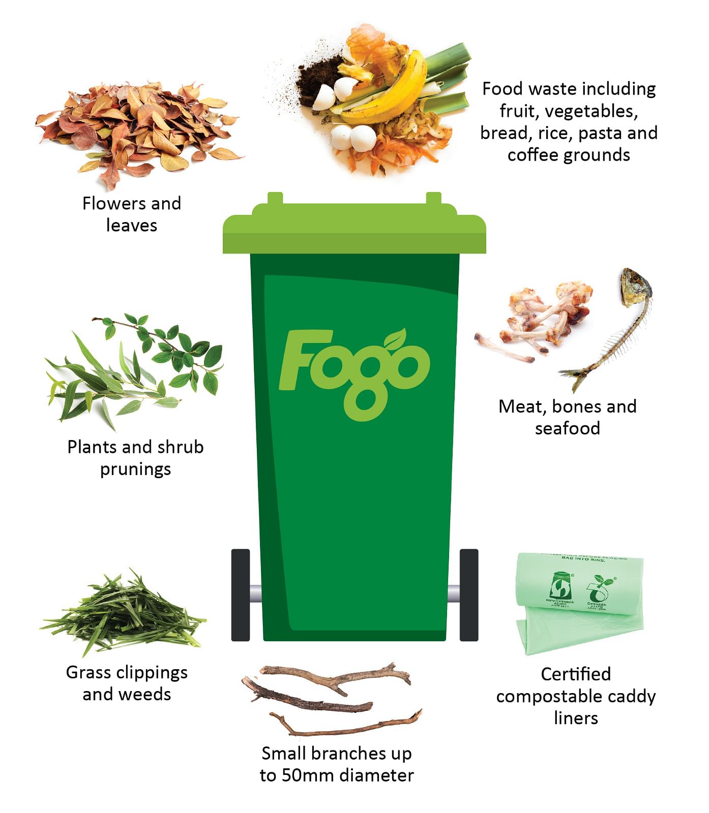 Green FOGO bin with images around it show what you can put in it.