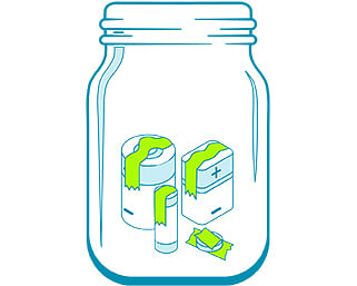 Batteries in a glass jar with terminals tapped.