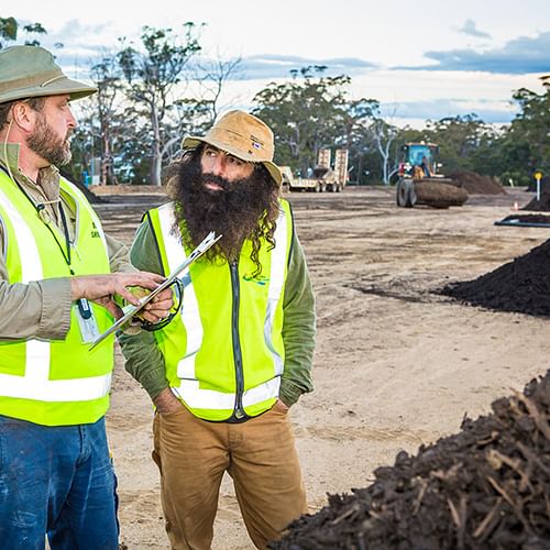 Costa Georgiadis (right) talks organic waste with Bega Valley Shire Council’s Mick Jarochowicz during a visit to the Merimbula Waste and Recycling Depot.