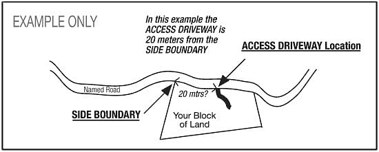 Image of example of how to messure distance from boundary to the middle of the access driveway. Click to view larger image.